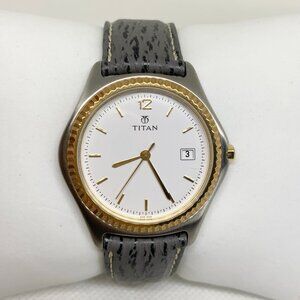 Titan men date silver gold tone wrist watch 36mm round shark leather running